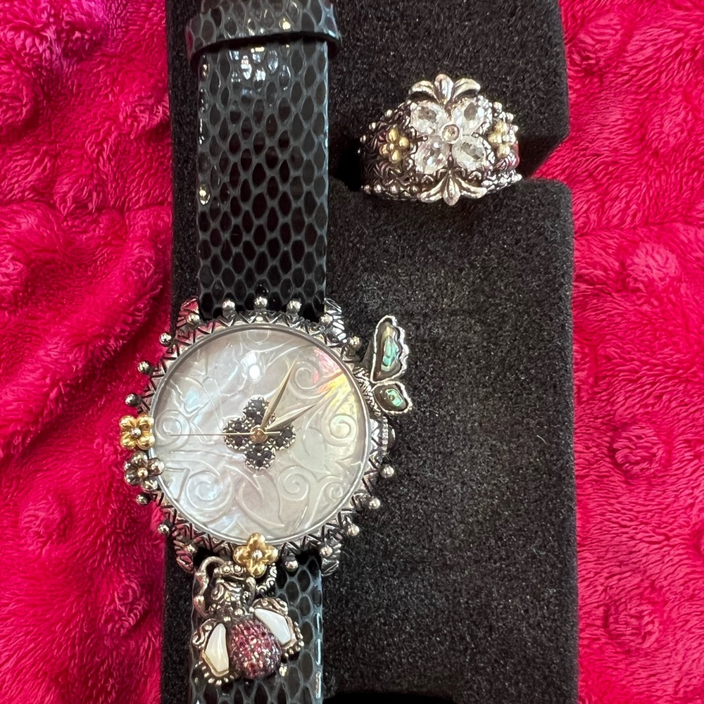 SET -BARBARA BIXBY Black Butterfly Watch & Ring -White Topaz, Silver & 18k Gold